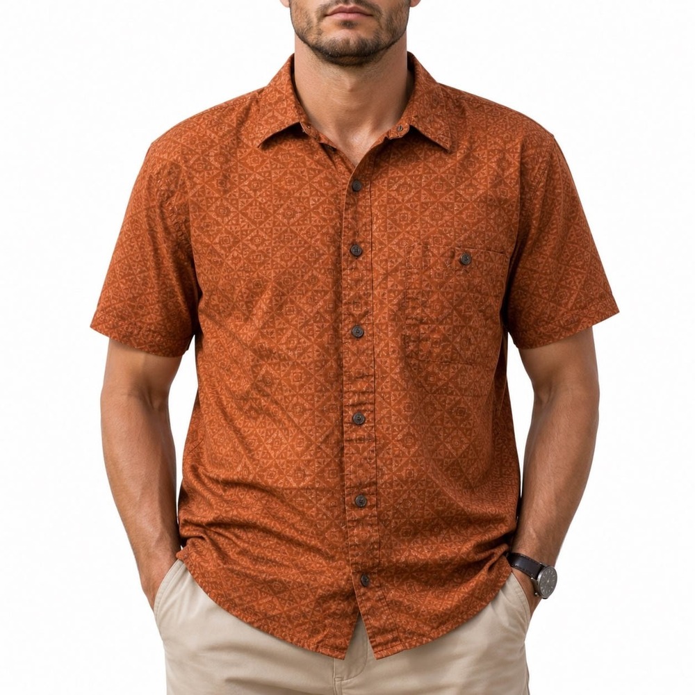 Cabelas Mens Short Sleeve Button Down Fishing Shirt Orange Geometric Medium